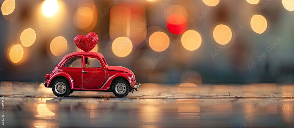 Red heart on a tiny toy car The theme of love and Valentine s Day High quality image. with copy space image. Place for adding text or design Red heart on a tiny toy car The theme of love and Valentine s Day High quality image. with copy space image. Place for adding text or design