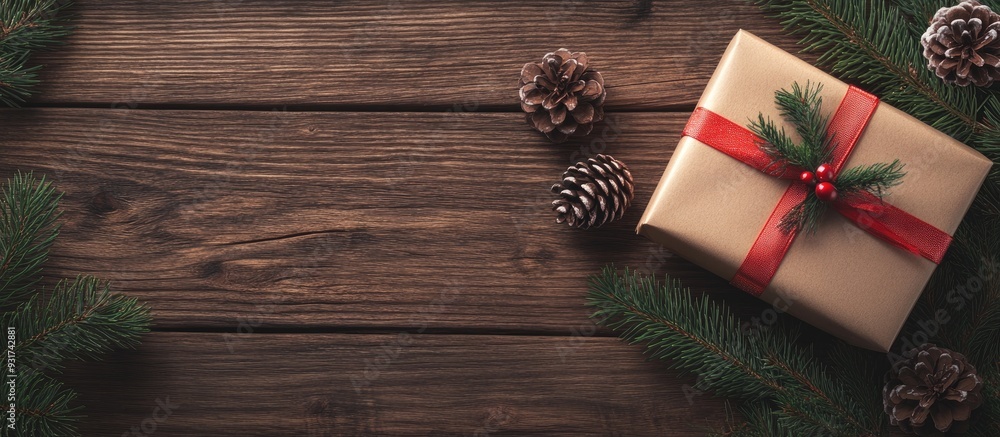 Christmas gift box on a wooden table background spruce branch pine cones frame top view copyspace Christmas gift box on a wooden table background spruce branch pine cones frame top view copyspace