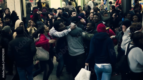 Diverse crowd of shoppers in a store, excited and rushing for Black Friday deals. photo