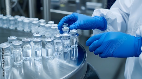 Scientist in lab working with vials, wearing protective gloves and white lab coat.