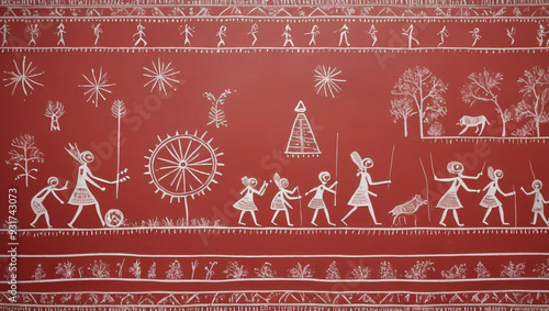 Traditional Warli style painting on textured brick red background
