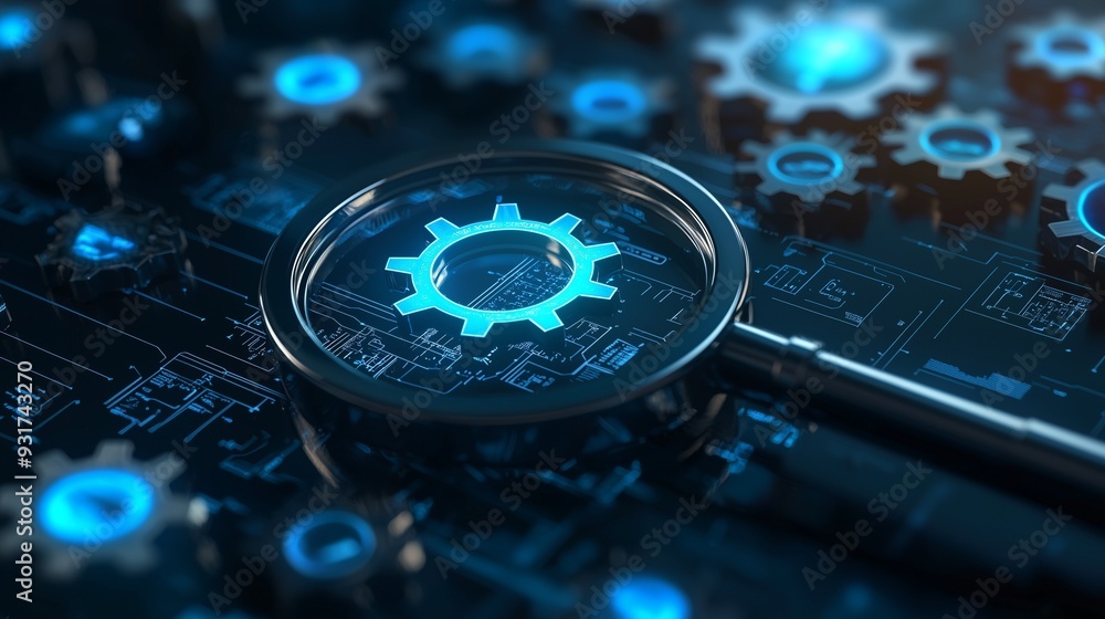 Magnifying glass focusing on a gear, symbolizing web efficiency optimization and performance analysis. Magnifying glass focusing on a gear, symbolizing web efficiency optimization and performance analysis.