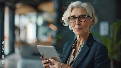 Mature busy happy businesswoman bank manager older female corporate executive holding digital tablet standing at work Middle aged professional business woman using tab computer in offi : Generative AI