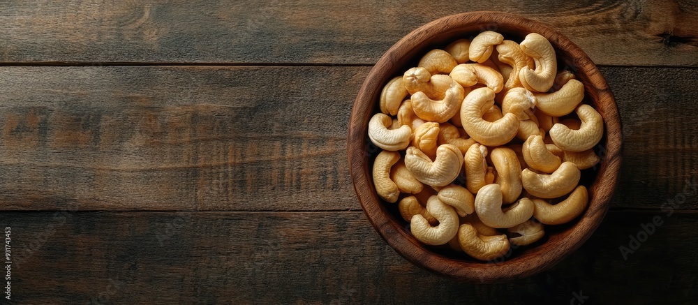 Delicious cashew nuts in a bowl on a wooden table Top view overhead. with copy space image. Place for adding text or design Delicious cashew nuts in a bowl on a wooden table Top view overhead. with copy space image. Place for adding text or design