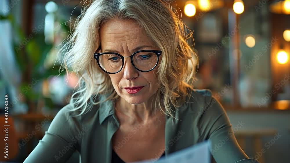 A middle-aged businesswoman who is stressed out while analysing investments reads business documents and verifies accounting and financial data A middle-aged businesswoman who is stressed out while analysing investments reads business documents and verifies accounting and financial data