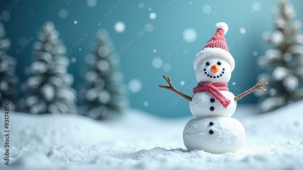 Fototapeta premium Winter Magic: Festive Snowman with Carrot Nose and Top Hat in a Serene Snowy Setting