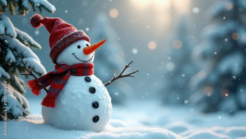 Holiday Cheer: Snowman with Carrot Nose and Top Hat in a Picturesque Winter Wonderland Holiday Cheer: Snowman with Carrot Nose and Top Hat in a Picturesque Winter Wonderland