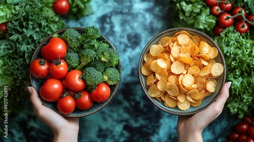 Healthy Vs. Unhealthy: A Choice in Two Bowls. A person holding one plate of vegetables and the other with potato chips in a top view and flat lay. Design promoting healthy eating. AI generated