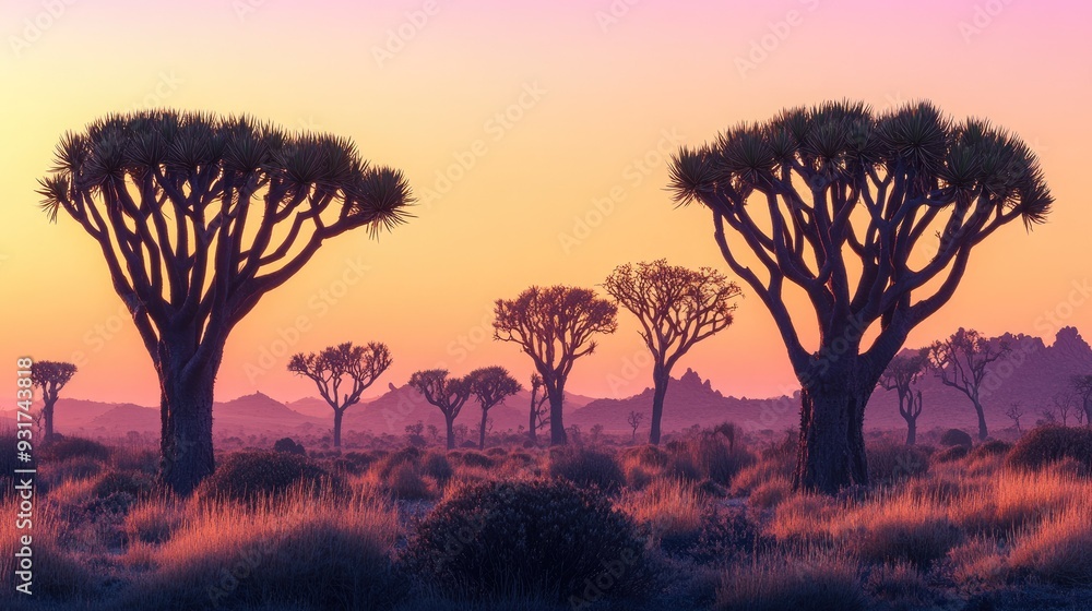 A quiver tree forest at dawn, with the iconic silhouettes of the trees standing out against the soft morning light. A quiver tree forest at dawn, with the iconic silhouettes of the trees standing out against the soft morning light.