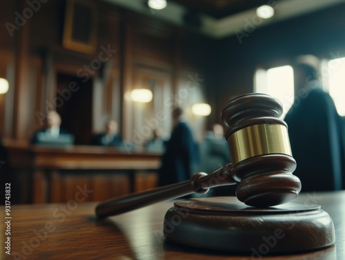 Close-up of a Gavel in a Courtroom Setting, a Symbolic Representation of Legal Proceedings and the Power of the Judiciary