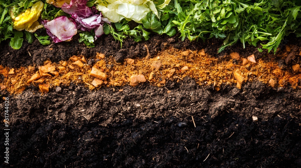 Diagram of a compost pile breaking down into layers of rich soil, soil layers, composting process. Diagram of a compost pile breaking down into layers of rich soil, soil layers, composting process.
