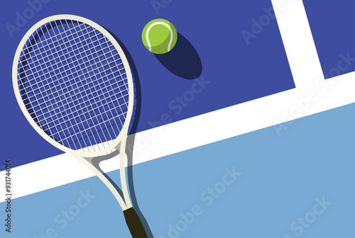 Lawn tennis racket lies near ball on tennis court, top view, tennis tournament poster, vector