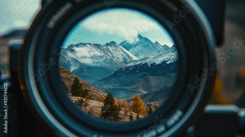 A sharp photograph of a mountain range, perfectly framed through the viewfinder of a camera in focus