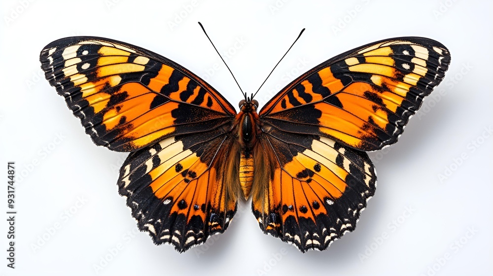 Fototapeta premium Beautiful orange and black butterfly with delicate wings, isolated on a white background