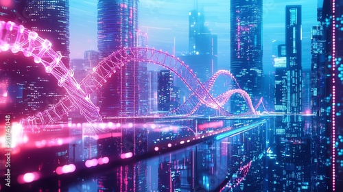 Wallpaper Mural Futuristic cityscape with glowing digital dna strands intertwining through skyscrapers, symbolizing the integration of technology and biology. Torontodigital.ca