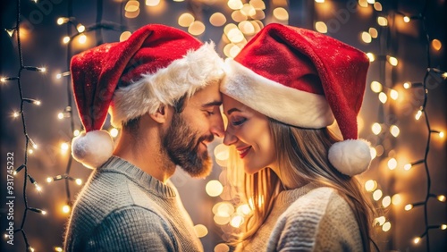 Romantic Couple in Santa Hats Sharing a Tender Moment by Christmas Lights photo