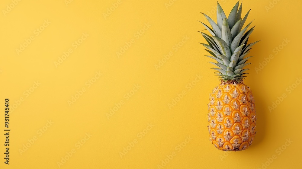 Fresh pineapple on vibrant yellow background. Minimalist tropical fruit composition. Summer concept. Clean design for banner, poster, advertisement with copy space Fresh pineapple on vibrant yellow background. Minimalist tropical fruit composition. Summer concept. Clean design for banner, poster, advertisement with copy space