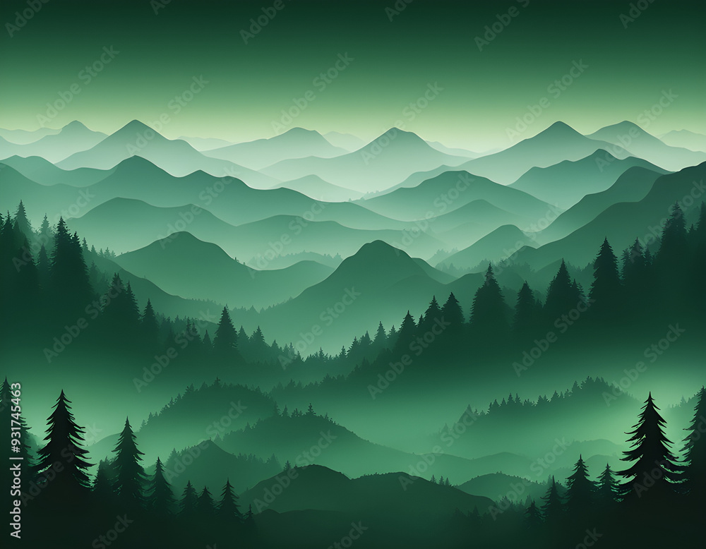 Fototapeta premium Green Misty forest multiple mountains background