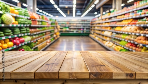 Empty wood table top with supermarket blurred background for product display