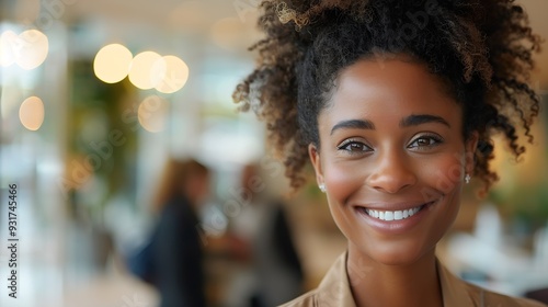 Radiant professional African American woman stands smiling confidently in a business setting with colleagues engaging in conversation in the softfocused background : Generative AI