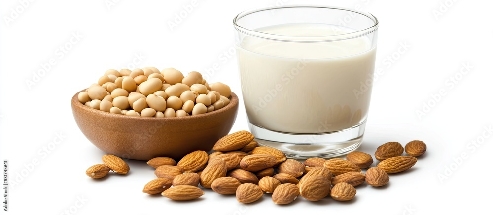 Good sources of protein include milk almonds and boiled beans on a white background. with copy space image. Place for adding text or design Good sources of protein include milk almonds and boiled beans on a white background. with copy space image. Place for adding text or design