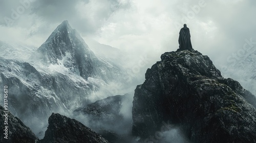 A stoneman figure atop a mountain, shrouded in mist and mystery, with a rugged landscape in the background. photo