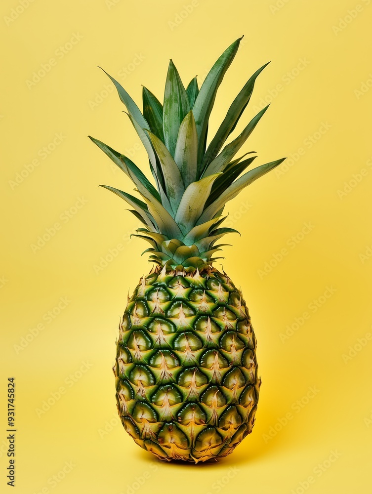 Fototapeta premium Fresh pineapple on vibrant yellow background. Tropical fruit minimalist composition. Summer concept for design, advertisement
