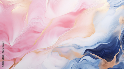 Modern stylish texture pink blue white gold waves background, marble texture	 photo