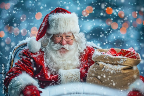 A traditional portrait of Santa Claus in his sleigh, holding a sack of presents, with a snowy background