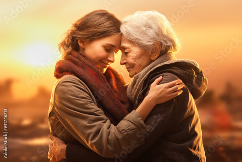 Young granddaughter hugging her wrinkled elderly beloved grandmother, family concept