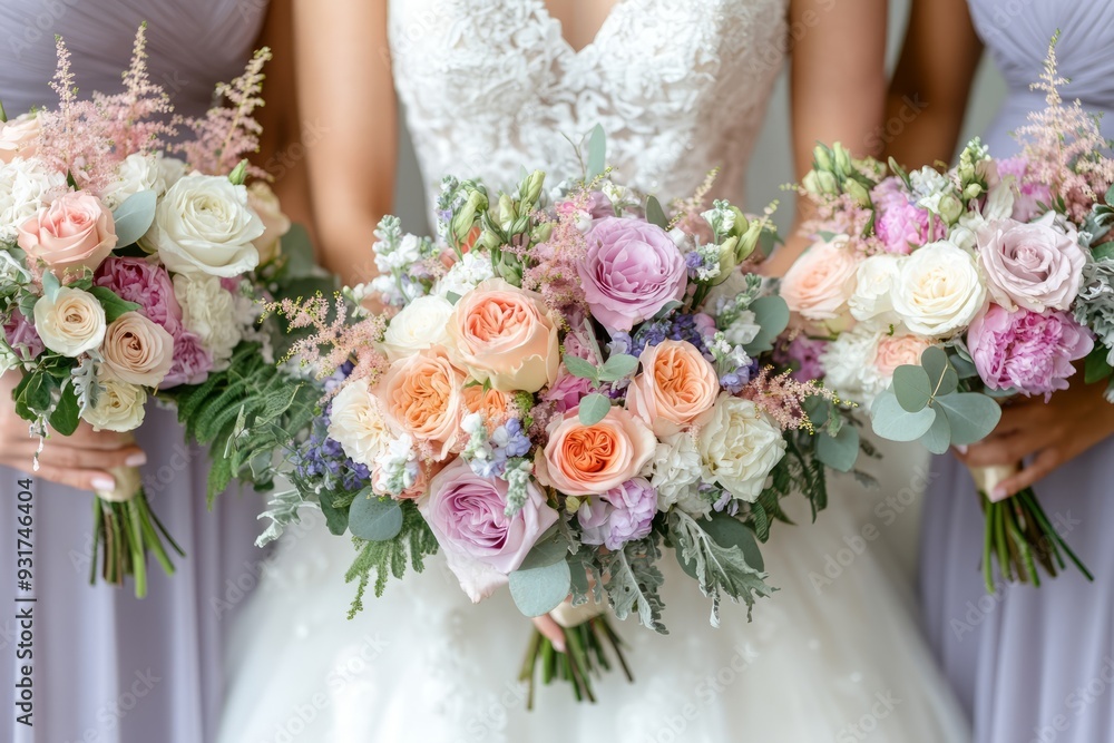 Naklejka premium Bride and bridesmaids holding bouquets of flowers, wedding ceremony, wedding photo 