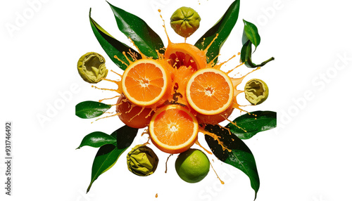 Delicious fresh oranges splattered with leaves, cut out