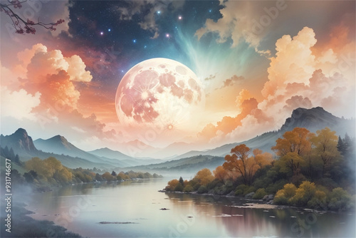 Idyllic river valley under a glowing full moon