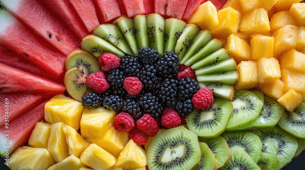 A vibrant fruit platter featuring slices of watermelon, pineapple, kiwi, and berries, arranged in a colorful display. A vibrant fruit platter featuring slices of watermelon, pineapple, kiwi, and berries, arranged in a colorful display.