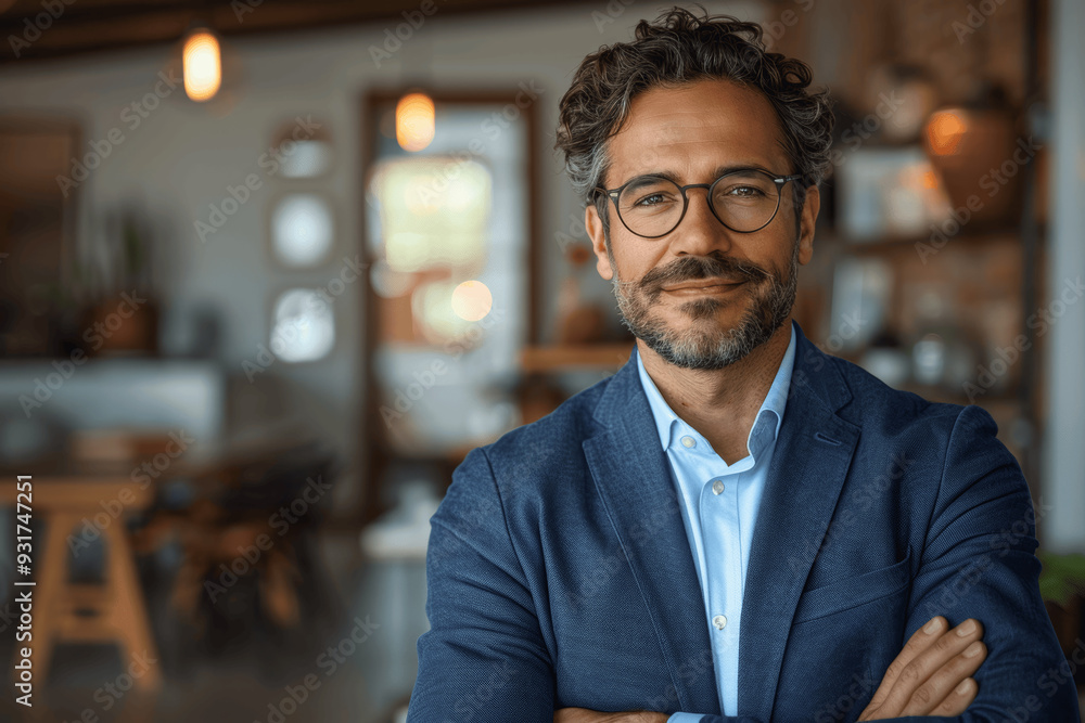 Confident Middle Aged Man With Glasses And Beard In Blue Blazer Standing With Arms Crossed In Cozy Indoor Setting Confident Middle Aged Man With Glasses And Beard In Blue Blazer Standing With Arms Crossed In Cozy Indoor Setting