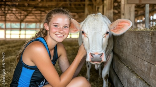 Wallpaper Mural Young woman in athletic wear lovingly pets her cow in a modern barn on a sunny day Torontodigital.ca