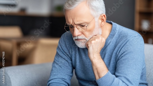 Elderly man in a thoughtful pose, reflecting in a brightly lit living room