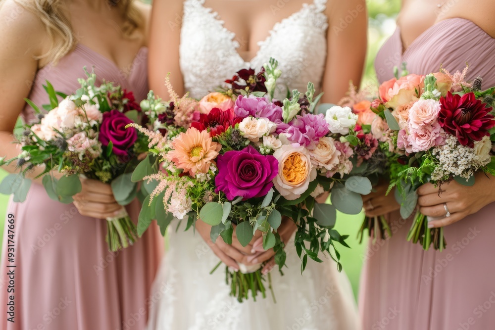 Fototapeta premium Bride and bridesmaids holding bouquets of flowers, wedding ceremony, wedding photo