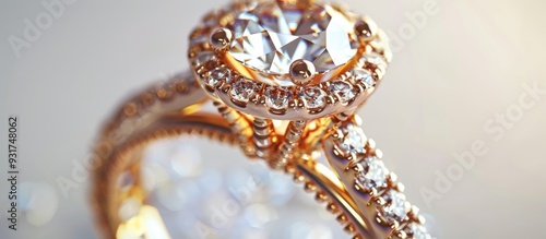 Gold diamond ring on a white background classic women s jewelry. with copy space image. Place for adding text or design