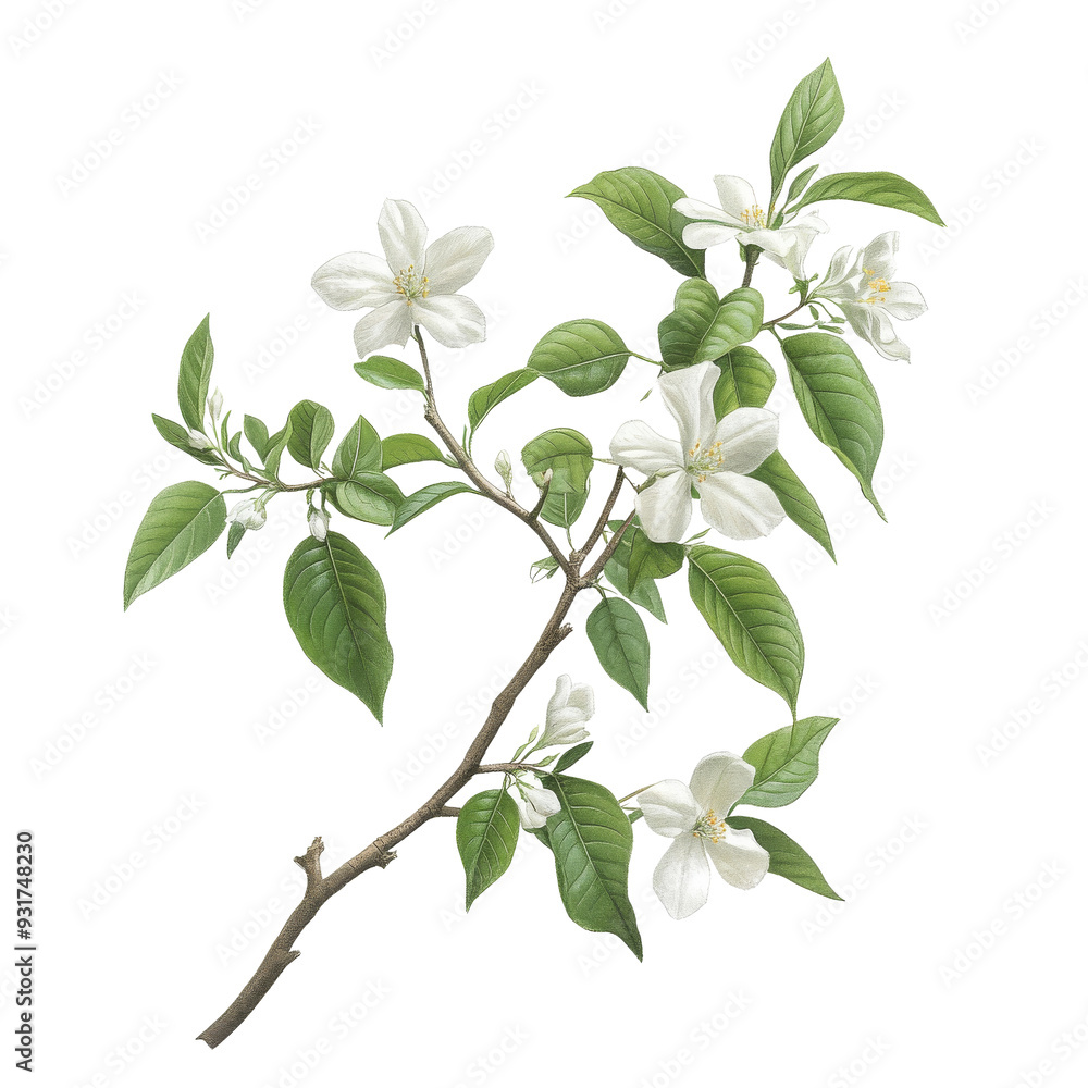 Botanical Illustration of White Jasmine Flowers Botanical Illustration of White Jasmine Flowers