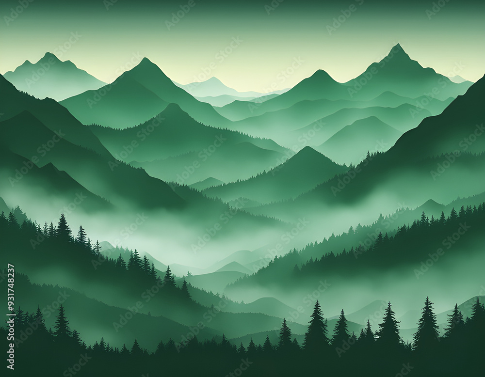 Fototapeta premium Green Misty forest multiple mountains background