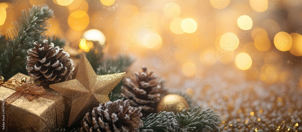 Christmas decor featuring pine cones and ornamental gifts with a golden star bokeh backdrop. with copy space image. Place for adding text or design Christmas decor featuring pine cones and ornamental gifts with a golden star bokeh backdrop. with copy space image. Place for adding text or design
