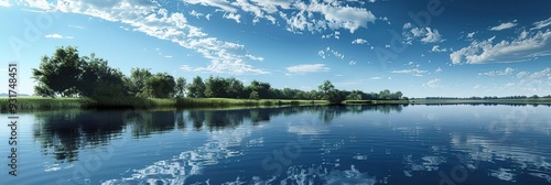 Tranquil Lake Scene with Blue Sky and Clouds - Realistic Illustration