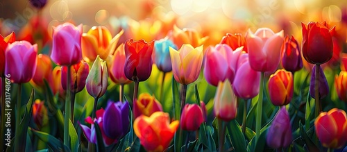 Spring flowers series closeup of lovely tulips in a tulip field with a blurred foreground and background. with copy space image. Place for adding text or design #931748676