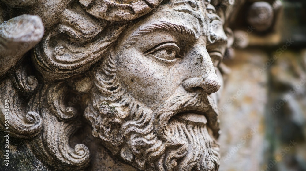 Close-up of a stoneman sculpture, with intricate carvings and details that tell a story of ancient times. Close-up of a stoneman sculpture, with intricate carvings and details that tell a story of ancient times.