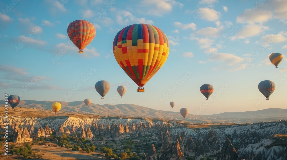 Fototapeta premium Dozens of colorful hot air balloons rising into the early morning sky over Cappadocia, with fairy chimneys dotting the landscape below.