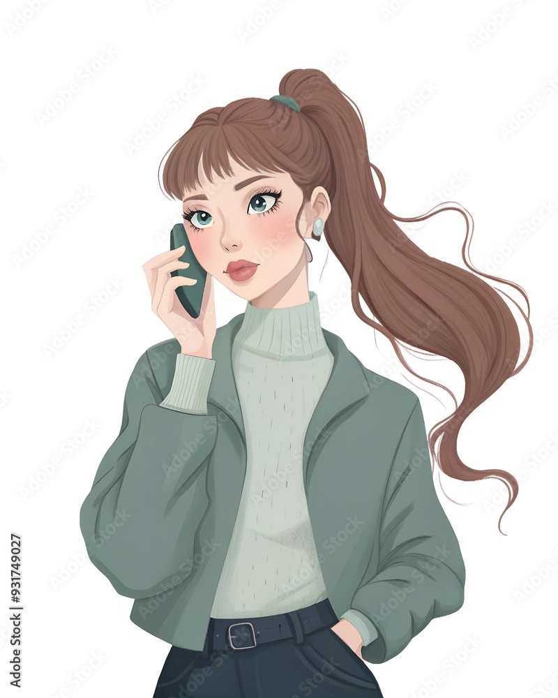 A beautiful young girl with long hair talks on a mobile phone.Illustration. A beautiful young girl with long hair talks on a mobile phone.Illustration.