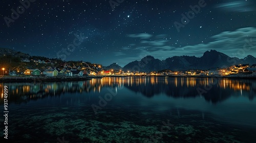 Henningsv lit up at night, with the lights of the village reflecting in the calm waters of the harbor under a starry sky.