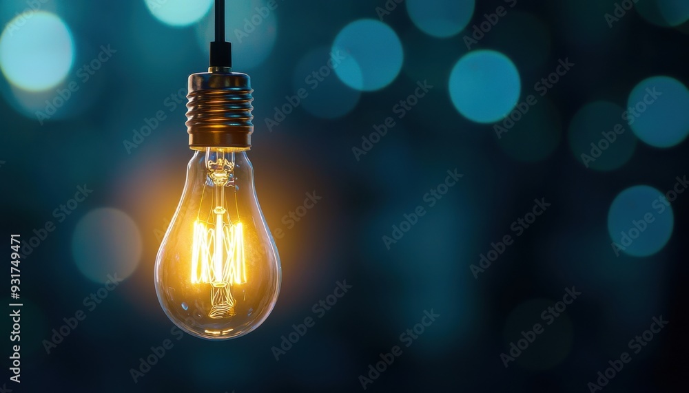 A glowing light bulb hanging against a blue bokeh background, creating a warm and inviting atmosphere. A glowing light bulb hanging against a blue bokeh background, creating a warm and inviting atmosphere.