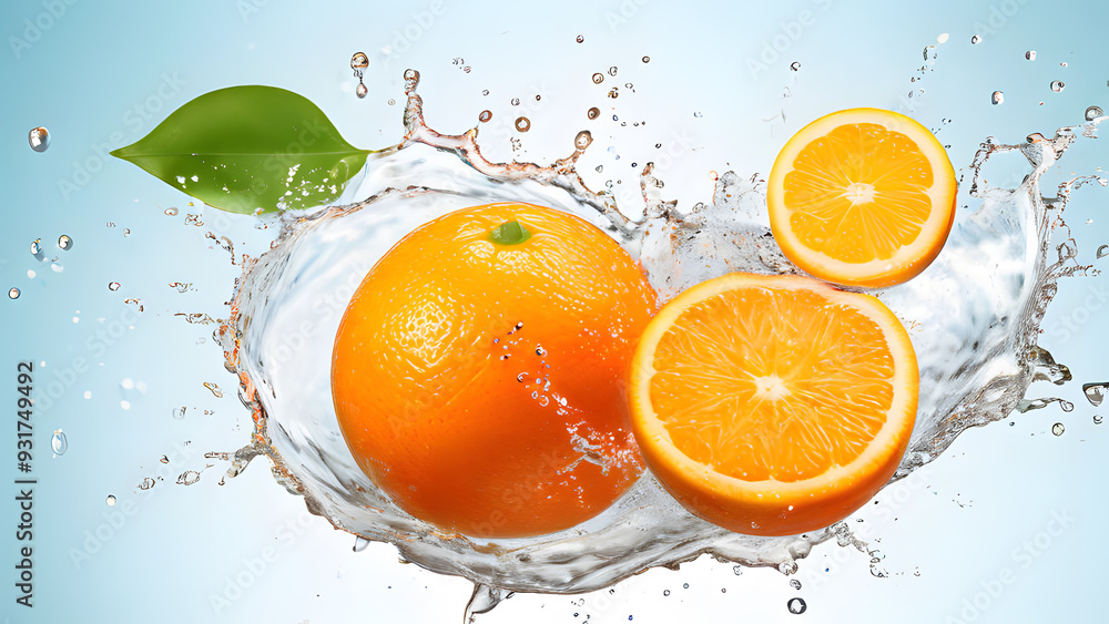 Orange fruit floating with water explosion splash in the air, fresh and healthy food concept Orange fruit floating with water explosion splash in the air, fresh and healthy food concept
